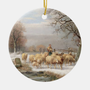 Ornamento De Cerâmica Shepherdess com seu rebanho em uma paisagem do