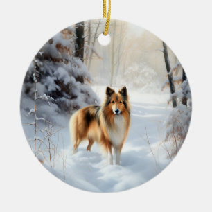 Ornamento De Cerâmica Shetland Sheepdog Deixe-o nevar no Natal