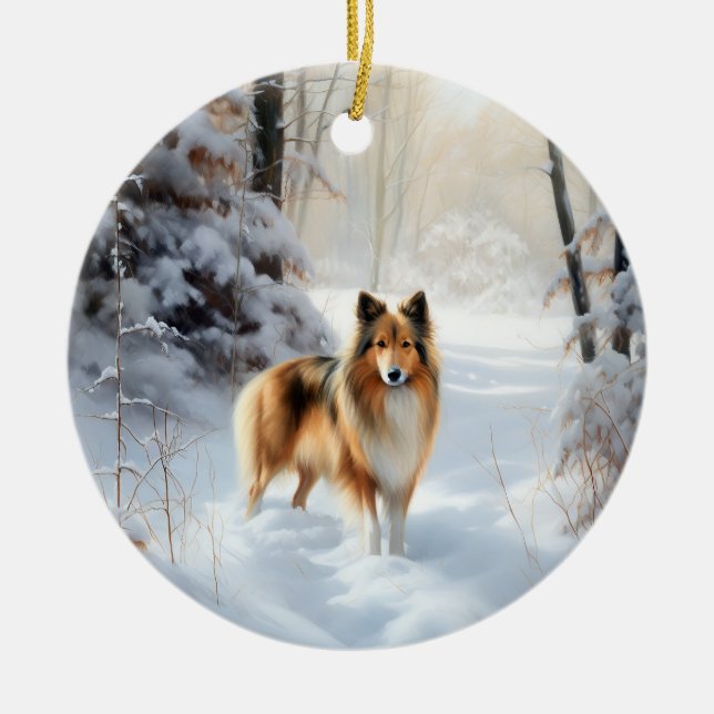 Ornamento De Cerâmica Shetland Sheepdog Deixe-o nevar no Natal (Frente)