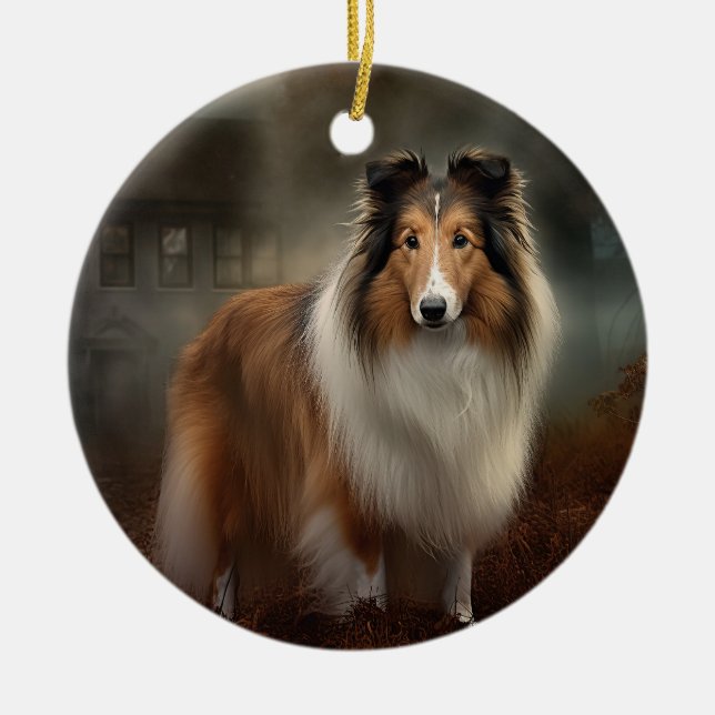 Ornamento De Cerâmica Shetland Sheepdog Halloween Scary (Frente)