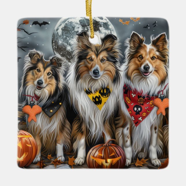 Ornamento De Cerâmica Shetland Sheepdog Halloween Spooky (Frente)