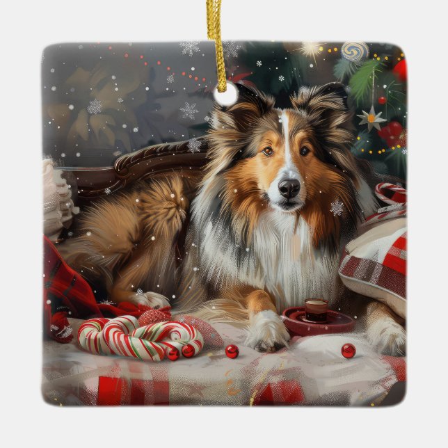 Ornamento De Cerâmica Shetland Sheepdog Natal Festivo (Frente)