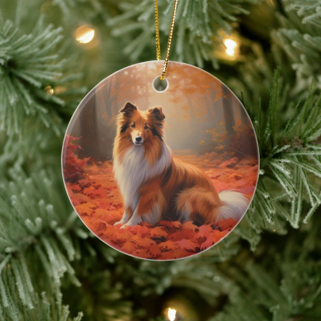 Ornamento De Cerâmica Shetland Sheepdog no outono deixa cair inspiração (Árvore)