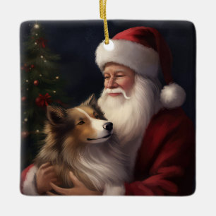 Ornamento De Cerâmica Shetland Sheepdog Papai Noel Natal Festivo