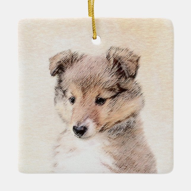 Ornamento De Cerâmica Shetland Sheepdog Puppy Pintura Original (Frente)