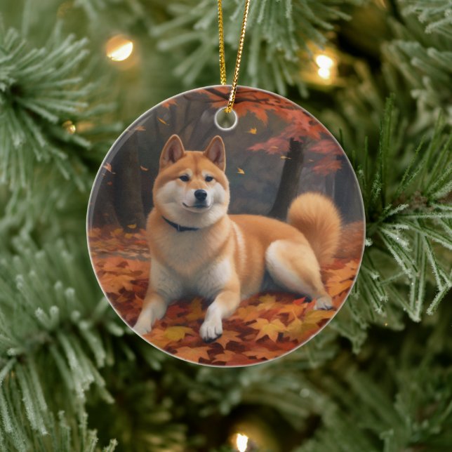 Ornamento De Cerâmica Shib Inu no outono deixa cair inspiração (Árvore)