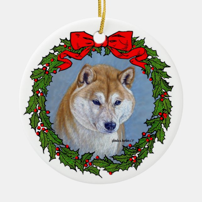 Ornamento De Cerâmica Shiba Inu Art por Glenda S. Harlan (Frente)