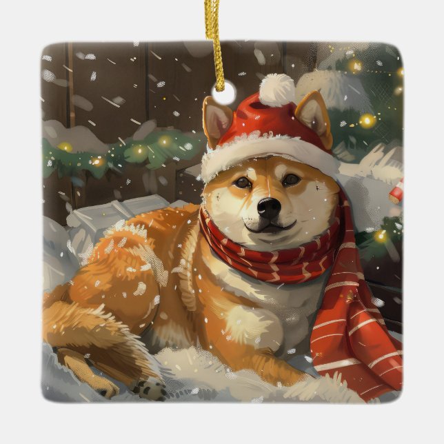 Ornamento De Cerâmica Shiba Inu Cão Festivo (Frente)