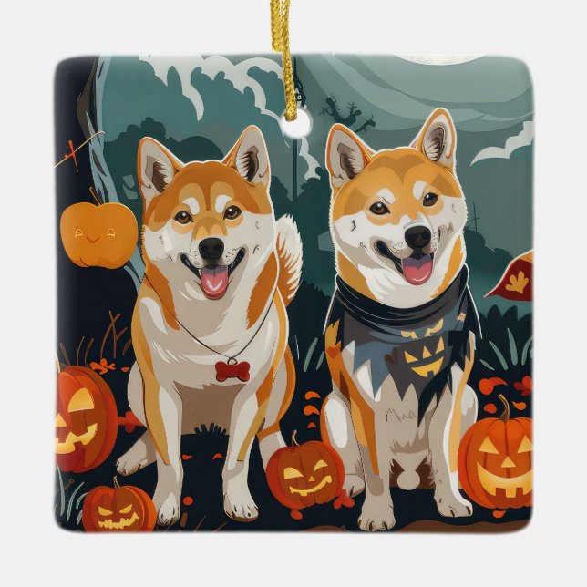 Ornamento De Cerâmica Shiba Inu Halloween Spooky (Frente)