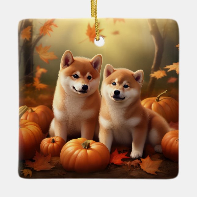 Ornamento De Cerâmica Shiba Inu Puppy Autumn Delight Pumpkin (Frente)
