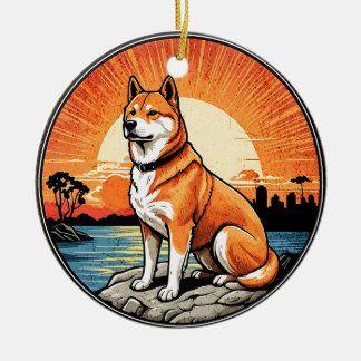 Ornamento De Cerâmica Shiba Inu Retro Sunset Dog Lover