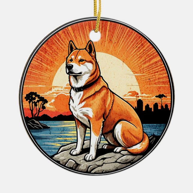 Ornamento De Cerâmica Shiba Inu Retro Sunset Dog Lover (Frente)