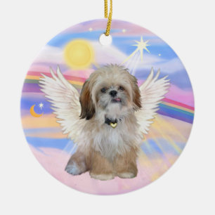 Ornamento De Cerâmica Shih Tzu Angel nas nuvens do céu