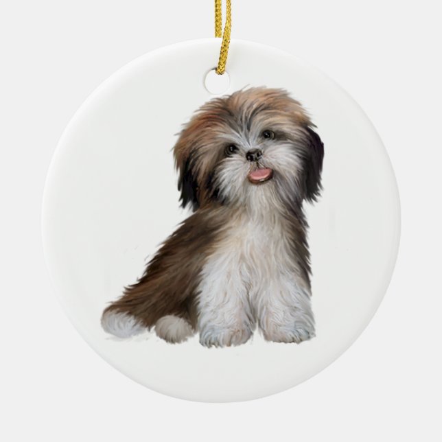 Ornamento De Cerâmica Shih Tzu - castanho e branco #2 (Frente)