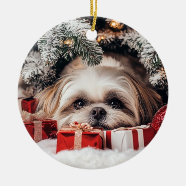 Ornamento De Cerâmica Shih Tzu Christmas (Frente)