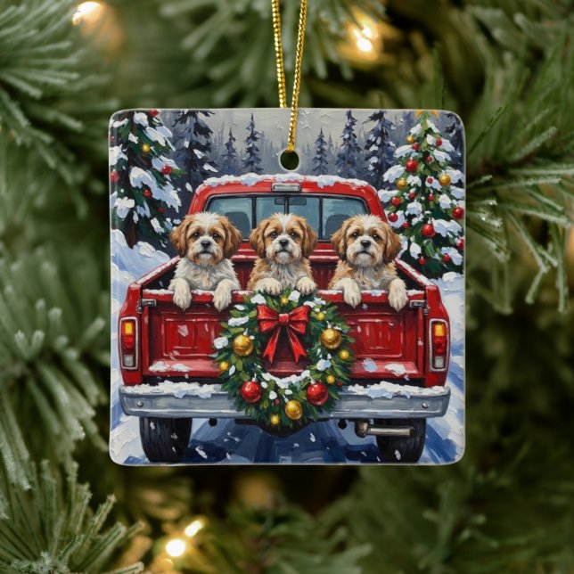 Ornamento De Cerâmica Shih Tzu Christmas Red Truck Holiday (Árvore)