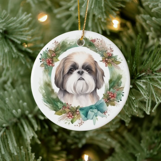 Ornamento De Cerâmica Shih Tzu Christmas Wreath Festivo Pup (Árvore)