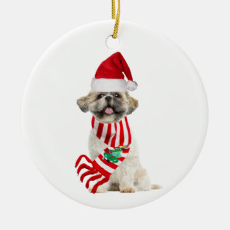 Ornamento De Cerâmica Shih tzu com o natal do chapéu