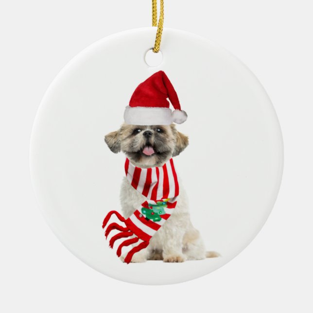 Ornamento De Cerâmica Shih tzu com o natal do chapéu (Frente)