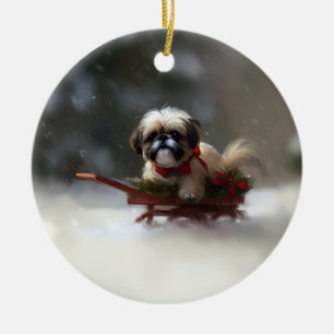 Ornamento De Cerâmica Shih Tzu Natal neve inverno