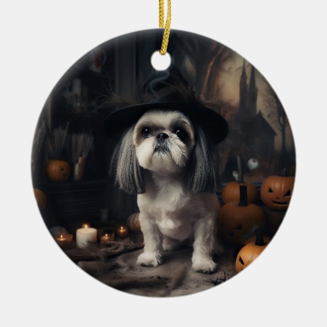 Ornamento De Cerâmica Shih Tzu Pumpkins Halloween Scary (Frente)