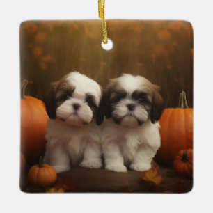 Ornamento De Cerâmica Shih Tzu Puppy Autumn Delight Pumpkin