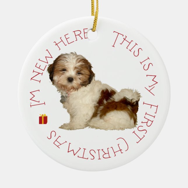 Ornamento De Cerâmica Shih Tzu Puppy Primeiro Natal (Frente)