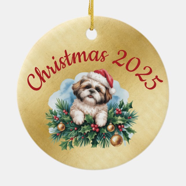 Ornamento De Cerâmica Shih Tzu Round Christmas Ornament  (Traseira)