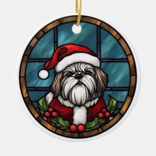 Ornamento De Cerâmica Shih Tzu Vidro Pintado Natal