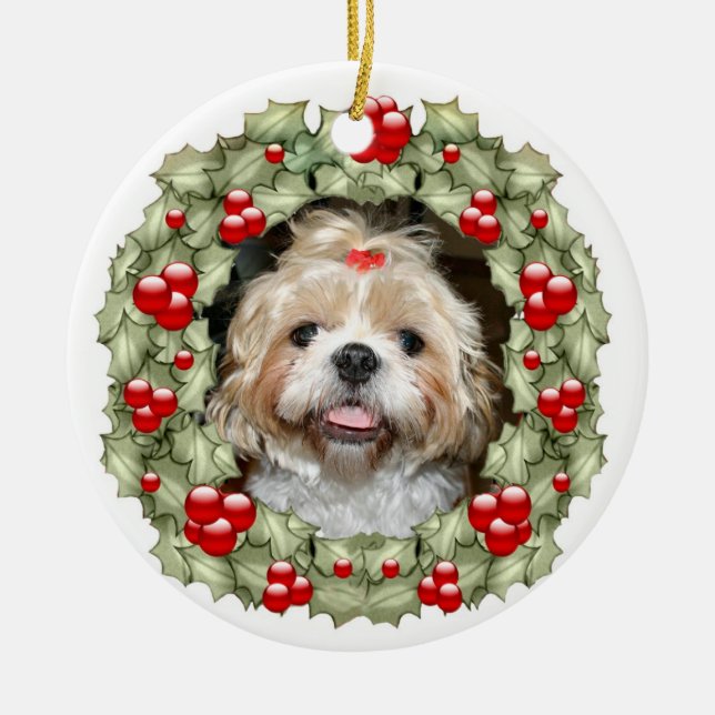 Ornamento De Cerâmica Shih Tzu Wreath de Natal (Frente)