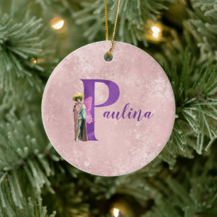 Ornamento De Cerâmica Shimmer Roxo - Letra Ilustrada P - Adicionar Nome