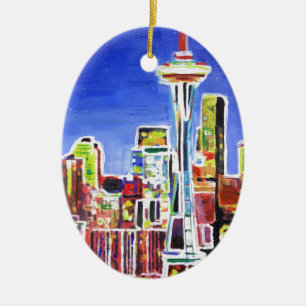 Ornamento De Cerâmica Shimmerling Skyline Of Seattle Com Agulha Espacial