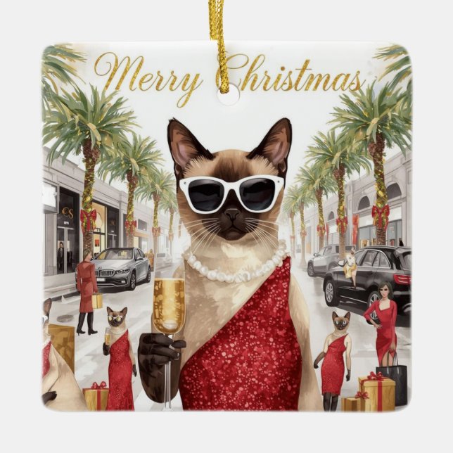 Ornamento De Cerâmica Siamese Cat Christmas Greeting from California (Frente)