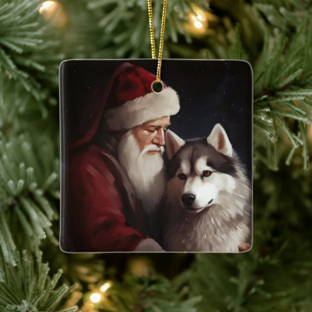 Ornamento De Cerâmica Siberian Husky com Papai Noel Natal Festivo (Árvore)
