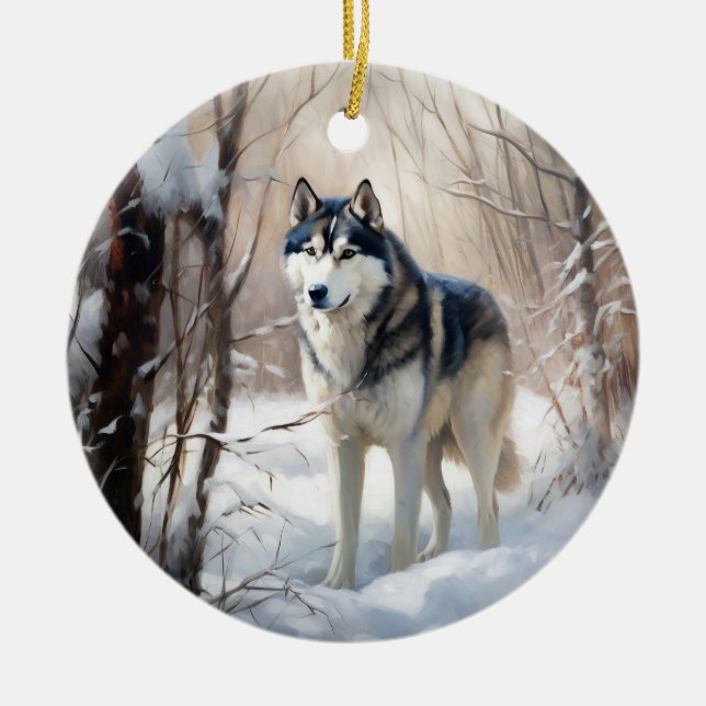 Ornamento De Cerâmica Siberian Husky Deixe-o nevar no Natal (Frente)