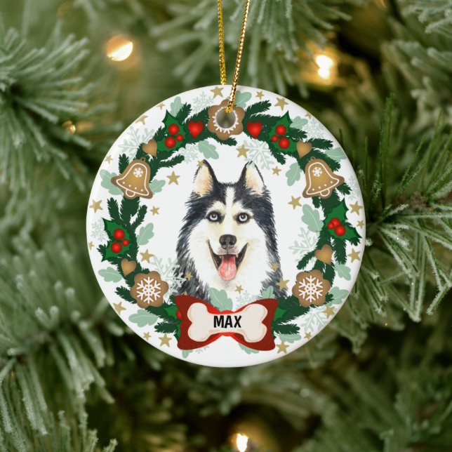Ornamento De Cerâmica Siberian Husky Dog Christmas Cookie Wreath (Árvore)