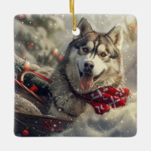 Ornamento De Cerâmica Siberian Husky Dog Festivo