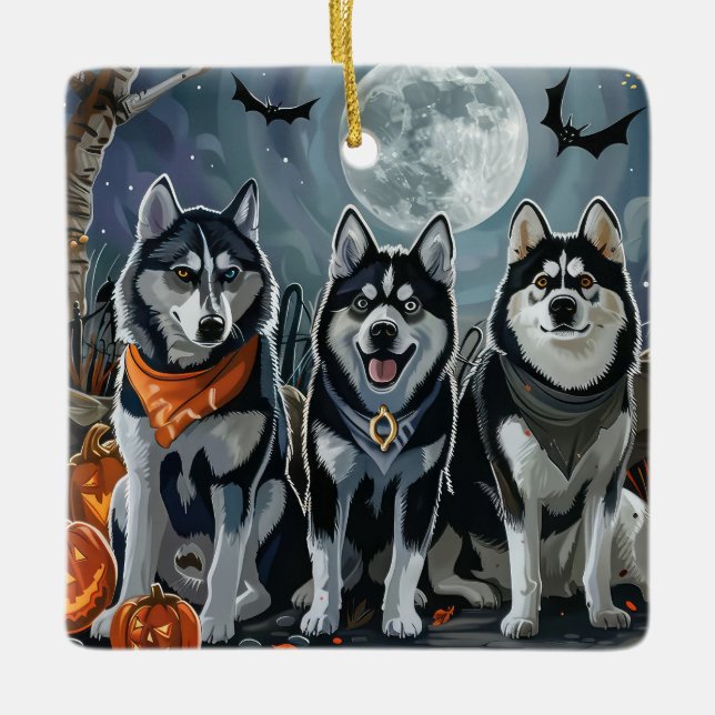 Ornamento De Cerâmica Siberian Husky Halloween Spooky (Frente)