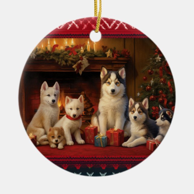 Ornamento De Cerâmica Siberian Husky Natal (Frente)