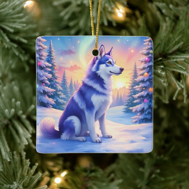 Ornamento De Cerâmica Siberian Husky Northern Lights Christmas Winter (Árvore)