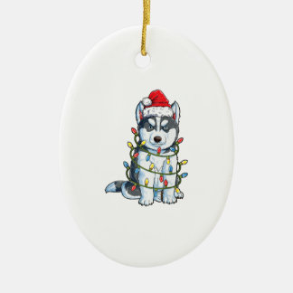 Ornamento De Cerâmica Siberian Husky Papai noel Árvore de Natal Luzes Xm
