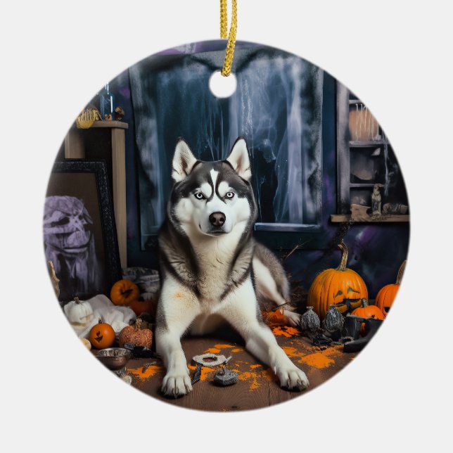 Ornamento De Cerâmica Siberian Husky Pumpkins Halloween Scary (Frente)