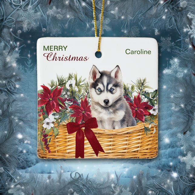 Ornamento De Cerâmica Siberian Husky Puppy Poinsettia Cesta de Natal (Criador carregado)