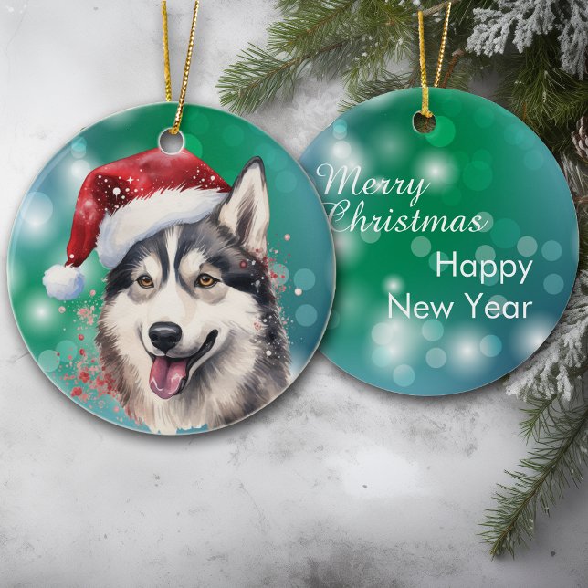 Ornamento De Cerâmica Siberian Husky Red Santa Hat Bokeh Natal (Criador carregado)