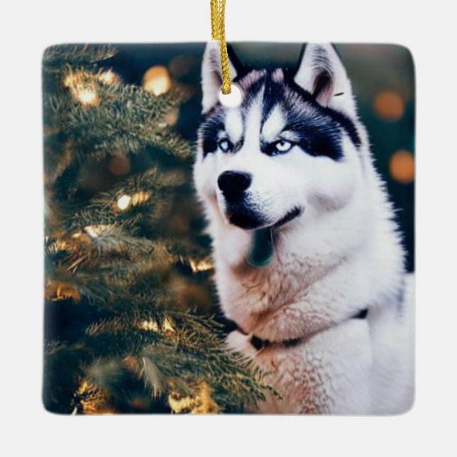 Ornamento De Cerâmica Siberian Husky sob árvore de Natal (Frente)
