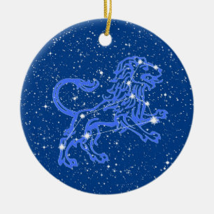 Ornamento De Cerâmica Signo Zodiacal de Leão com Estrelas em Azul Profun