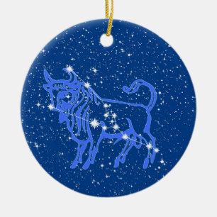 Ornamento De Cerâmica Signo Zodiacal de Touro com Estrelas em Azul Profu