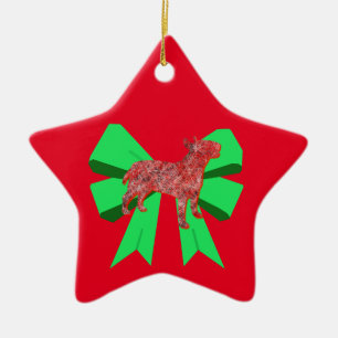 Ornamento De Cerâmica Silhueta de Bull Terrier com Laço Verde Natal