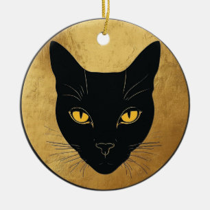 Ornamento De Cerâmica Silhueta de Gato Preto Contra um Círculo Dourado