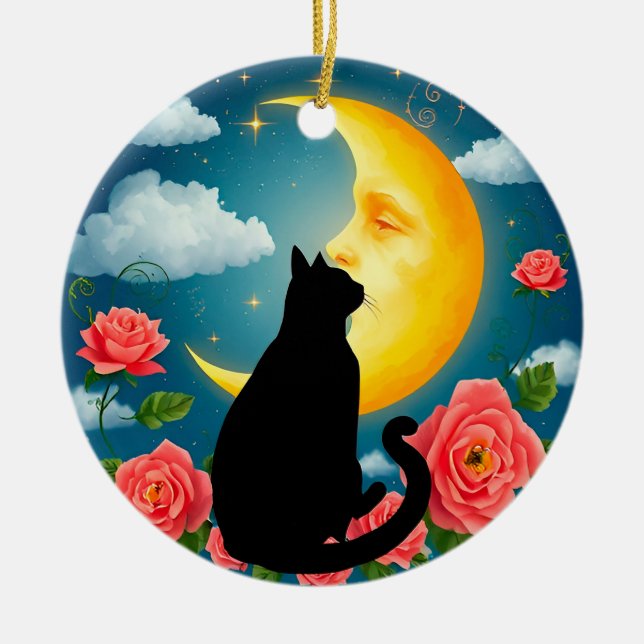 Ornamento De Cerâmica Silhueta de gato sentado diante da lua (Frente)